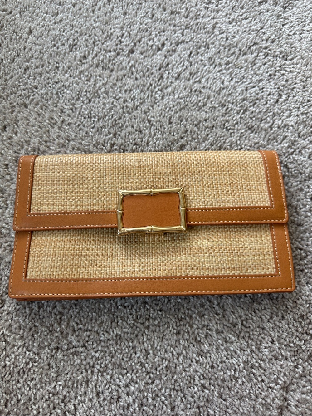 J. McLaughlin Tan Woven Clutch with Gold Buckle